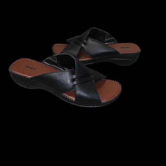 AirStep Black Leather Slide Sandals Women’s Comfort Slip On Wedge Size 9W - Picture 2 of 11